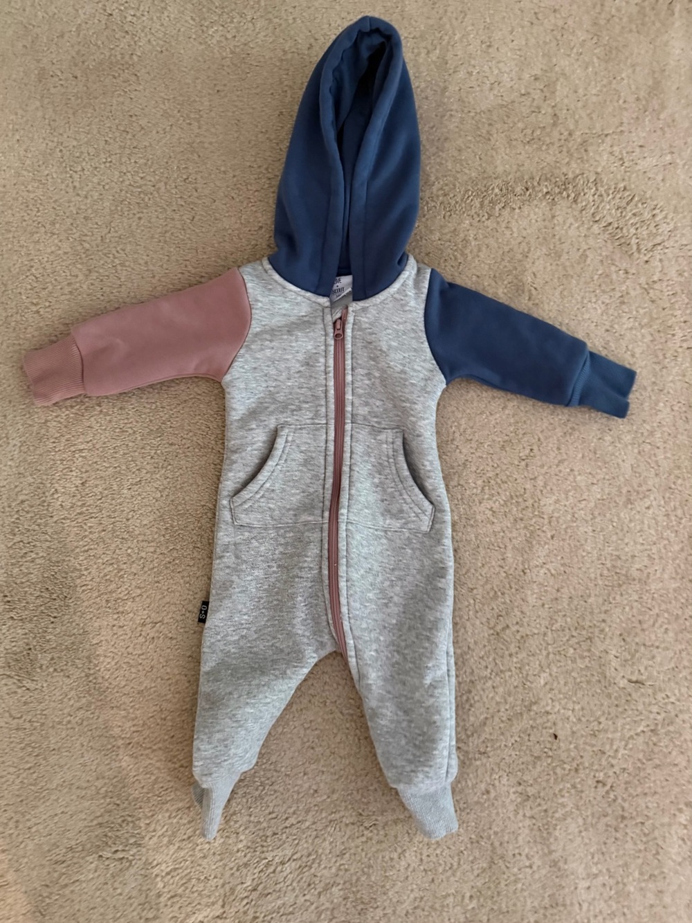 Olive and Scout brand  Colorblock Hooded One-Piece Romper - Gray, Navy & tan